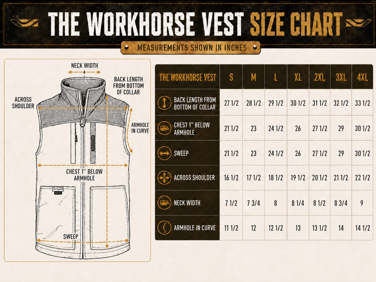 Size chart for Workhorse Vest with QuikStash™