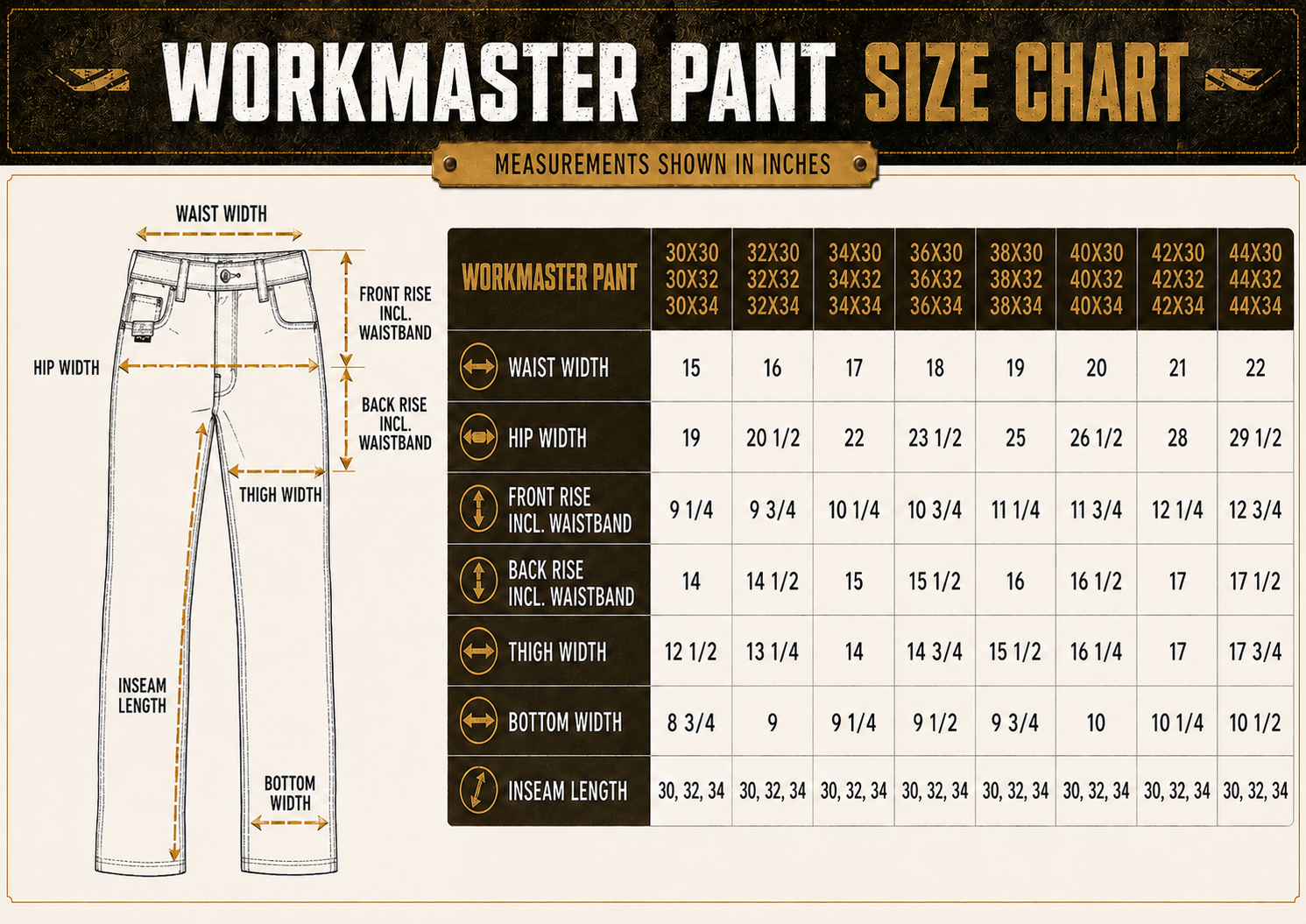 Size chart for BRO BisonHide RangeFlex™ WorkMaster™ Relaxed Fit Work Pants